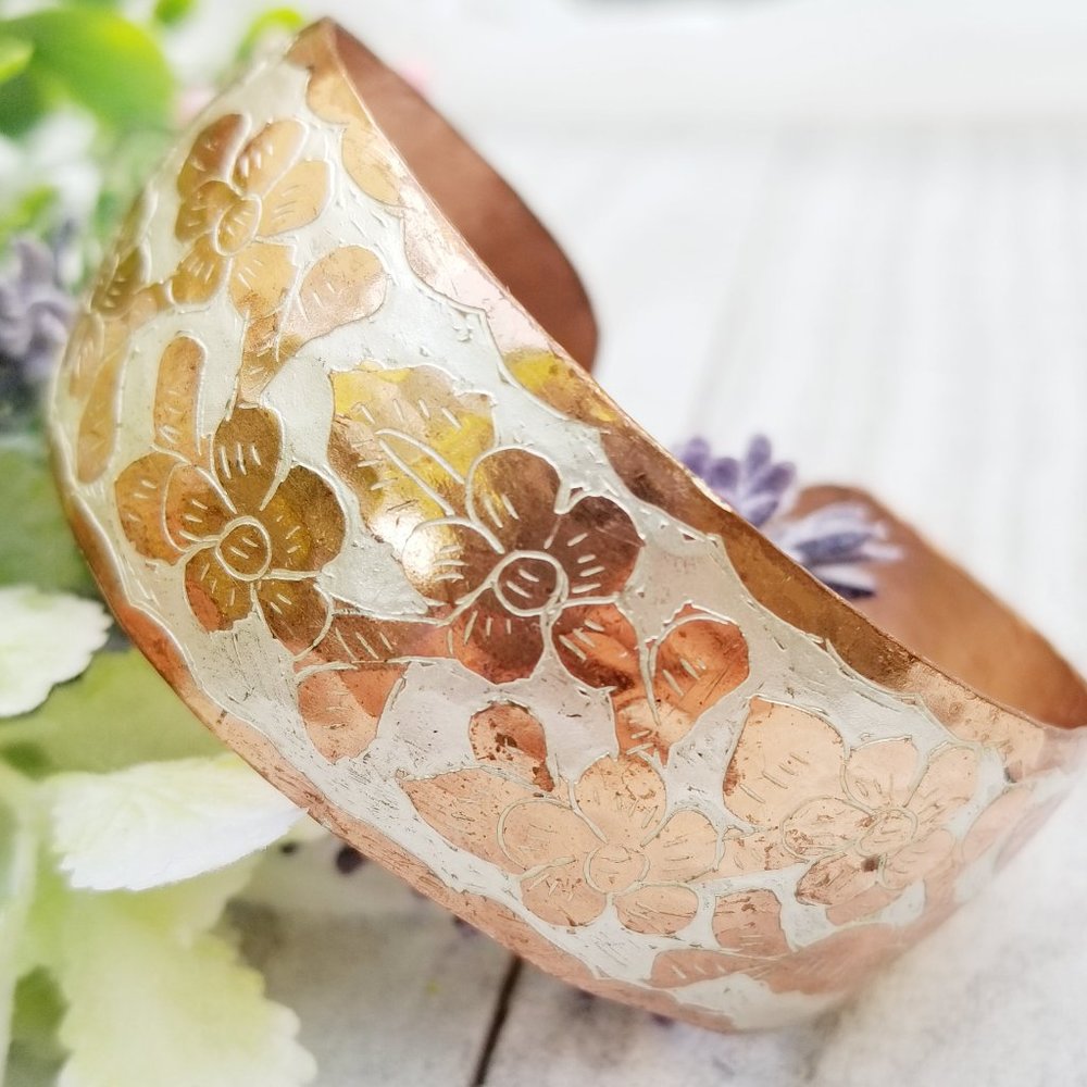 Floral Copper and Silver Cuff Bracelet